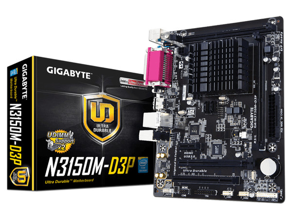 T. Madre Gigabyte GA-N3150M-D3P,
Procesador Integrado Intel Celeron N3150 (hasta 2.08 GHz),
Memoria:DDR3 1600/1333 MHz, 8GB Max,
Integrado: Audio HD, Red, Video Intel HD Graphics,
USB 3.0 y SATA 3.0,
ATX, Ptos: 1xPCIEx4, 1xPCIEx1, 1xPCI.