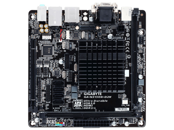 T. Madre Gigabyte GA-N3150N-D2H,
Procesador integrado: Intel Celeron N3150,
Memoria: DDR3/DDR3L 1600/1333 MHz,
Integrado: Audio HD y Red,
USB 3.0/2.0, M.2, SATA 3.0,
Mini-ITX,
Puertos: PCI Express x16.