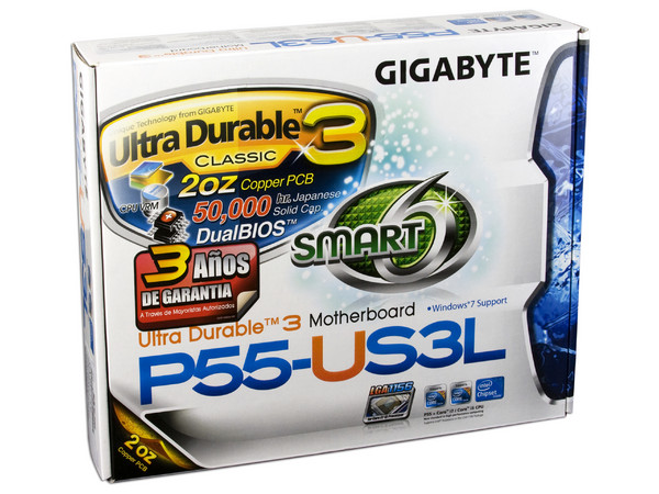 T. Madre Gigabyte GA-P55-US3L, ChipSet Intel P55 Exp.,
Soporta: Core i7 y Core i5 de Socket 1156,
Integrado: Audio 7.1, Red 10/100/1000,
Memoria: DDR3 2200+/1333/1066MHz, 16GB Max,
ATX, Ptos: 2xPCEx16, 1xPCIEx1, 4xPCI