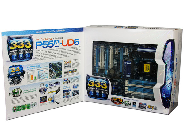 T. Madre Gigabyte GA-P55A-UD6, ChipSet Intel P55 Exp.,
Soporta: Core i7 y Core i5 de Socket 1156,
USB 3.0 y Serial ATA 3.0,
Memoria: DDR3 2600+/1333/1066MHz, 16GB Max,
ATX, Ptos: 3xPCEx16, 2xPCIEx1, 2xPCI
