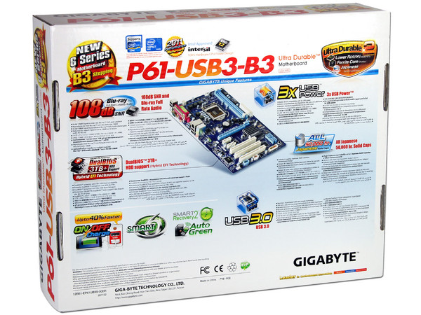 T. Madre Gigabyte GA-P61-USB3-B3, ChipSet Intel H61 Exp.,
Soporta: Core i7/i5/i3 de Socket 1155,
USB 3.0,
Integrado: Audio HD, Red, 
Memoria: DDR3 1333/1066MHz, 16GB Max,
ATX, Ptos: 1xPCIEx16, 2xPCIEx1, 3xPCI