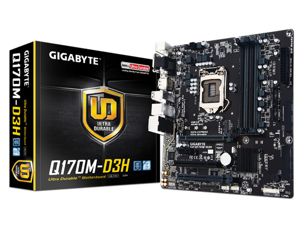 T. Madre Gigabyte GA-Q170M-D3H, ChipSet Intel Q170,
Soporta: Core i7/i5/i3/Pentium de Socket 1151,
Memoria: DDR4 2133 MHz, 64GB Max,
Integrado: Audio HD, Red, USB 3.0 y SATA 3.0,
Micro ATX,
Ptos: 1xPCIEX16, 2xPCIEX1