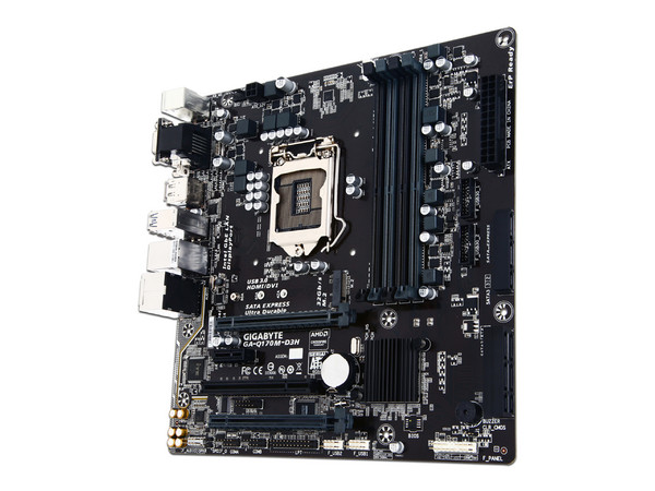 T. Madre Gigabyte GA-Q170M-D3H, ChipSet Intel Q170,
Soporta: Core i7/i5/i3/Pentium de Socket 1151,
Memoria: DDR4 2133 MHz, 64GB Max,
Integrado: Audio HD, Red, USB 3.0 y SATA 3.0,
Micro ATX,
Ptos: 1xPCIEX16, 2xPCIEX1