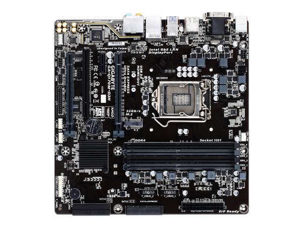 T. Madre Gigabyte GA-Q170M-D3H, ChipSet Intel Q170,
Soporta: Core i7/i5/i3/Pentium de Socket 1151,
Memoria: DDR4 2133 MHz, 64GB Max,
Integrado: Audio HD, Red, USB 3.0 y SATA 3.0,
Micro ATX,
Ptos: 1xPCIEX16, 2xPCIEX1