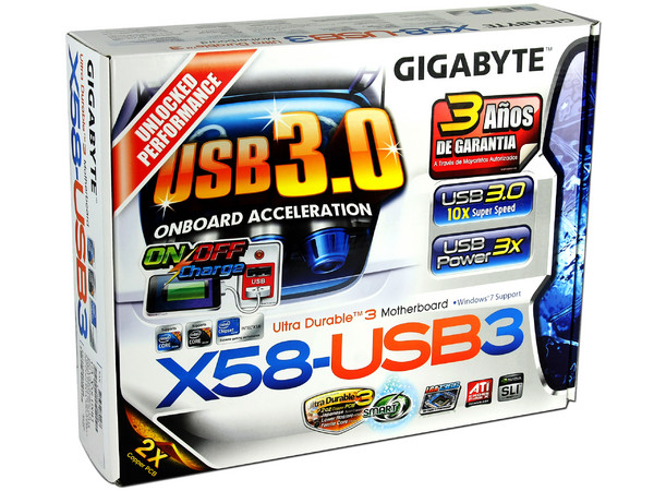 T. Madre Gigabyte GA-X58-USB3, ChipSet Intel X58 Exp.,
Soporta: Core i7 Socket 1366,
USB 3.0, Soporta CrossFireX y SLI,
Memoria: DDR3 1333/1066MHz, 24GB Max,
ATX, Ptos: 3xPCEx16, 3xPCIEx1, 1xPCI
