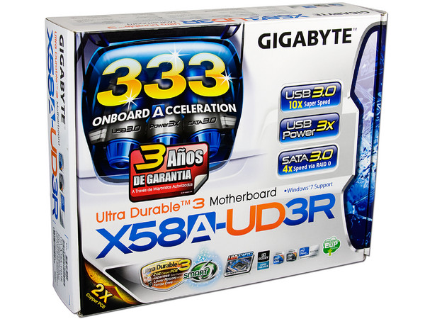 T. Madre Gigabyte GA-X58A-UD3R, ChipSet Intel X58 Exp.,
Soporta: Core i7 Socket 1366,
USB 3.0 y Serial ATA 3.0,
Memoria: DDR3 2200+/1333/1066MHz, 24GB Max,
ATX, Ptos: 4xPCEx16, 2xPCIEx1, 1xPCI