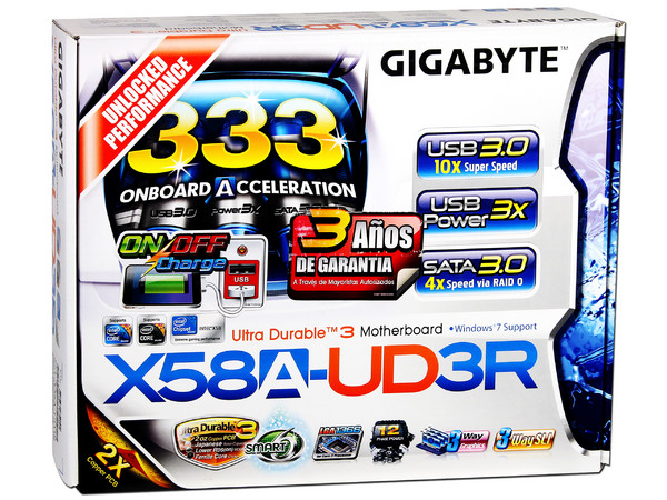 T. Madre Gigabyte GA-X58A-UD3R, ChipSet Intel X58 Exp.,
Soporta: Core i7 Socket 1366,
USB 3.0 y Serial ATA 3.0,
Memoria: DDR3 2200/1333/1066MHz, 24GB Max,
Diseño: ATX, Ptos: 4xPCIEx16, 2xPCIEx1, 1xPCI
