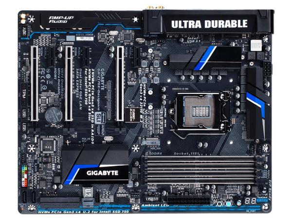 T. Madre Gigabyte GA-Z170X-Designare, Chipset Intel Z170,
Soporta: Core i7 / i5 / i3 / Pentium, Socket 1151,
Memoria: DDR4 4000(O.C.)/3466(O.C.)/ 2400(O.C.)/2133 MHz, 64GB Max,
Integrado: Audio HD, Red,
USB 3.0 y SATA 3.0,
ATX.