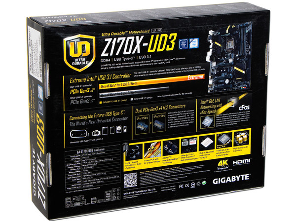 T. Madre Gigabyte GA-Z170X-UD3, Chipset Intel Z170,
Soporta: Core i7 / i5 / i3 / Pentium de 6ta Gen., Socket 1151,
Memoria: DDR4 3466(O.C.)/ 2800(O.C.)/2133 MHz, 64GB Max,
Integrado: Audio HD, Red,
USB 3.1 y SATA 3.0,
ATX, Ptos: 3xPCIE 3.
