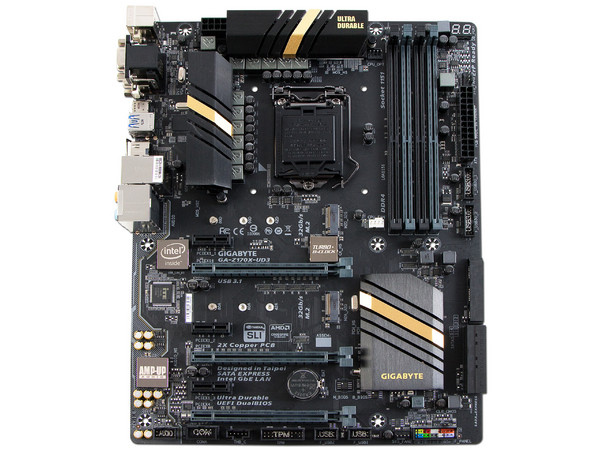 T. Madre Gigabyte GA-Z170X-UD3, Chipset Intel Z170,
Soporta: Core i7 / i5 / i3 / Pentium de 6ta Gen., Socket 1151,
Memoria: DDR4 3466(O.C.)/ 2800(O.C.)/2133 MHz, 64GB Max,
Integrado: Audio HD, Red,
USB 3.1 y SATA 3.0,
ATX, Ptos: 3xPCIE 3.
