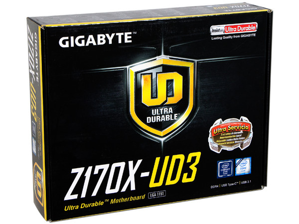 T. Madre Gigabyte GA-Z170X-UD3, Chipset Intel Z170,
Soporta: Core i7 / i5 / i3 / Pentium de 6ta Gen., Socket 1151,
Memoria: DDR4 3466(O.C.)/ 2800(O.C.)/2133 MHz, 64GB Max,
Integrado: Audio HD, Red,
USB 3.1 y SATA 3.0,
ATX, Ptos: 3xPCIE 3.