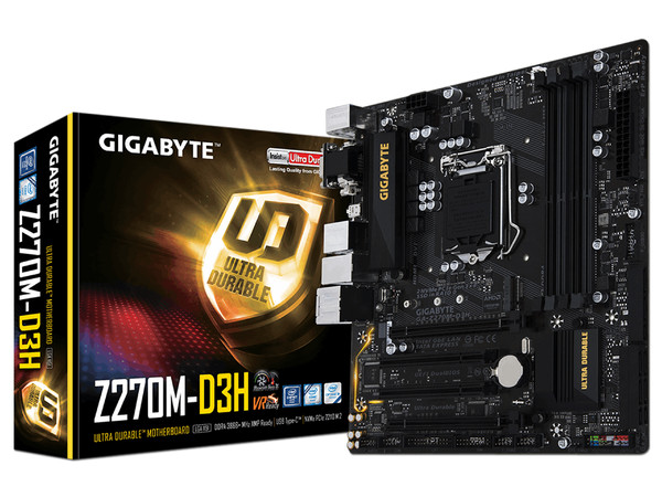 T. Madre GIGABYTE GA-Z270M-D3H, ChipSet Intel Z270, 
Soporta: Intel Core i7 / i5 / i3 de 6ta y 7ma Gen.., de Socket 1151,
Memoria: DDR4 3866(O.C.)/3466(O.C.)/2133 MHz, 64GB Max,
Integrado: Audio HD, Red, 
Micro-ATX, Ptos: 2xPCIEx16, 1xPCIE.