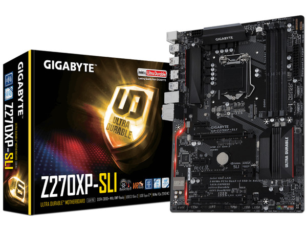 T. Madre Gigabyte GA-Z270XP-SLI, ChipSet Intel Z270, 
Soporta:  Core i7 / i5 / i3 de 6ta y 7ma genaración de Socket 1151,
Memoria: DDR4 3866(O.C.)/  3000(O.C.) / 2133 MHz, 64GB Max,
Integrado: Audio HD, Red, 
ATX, Ptos: 3xPCIEx16, 3xPCIEx1.