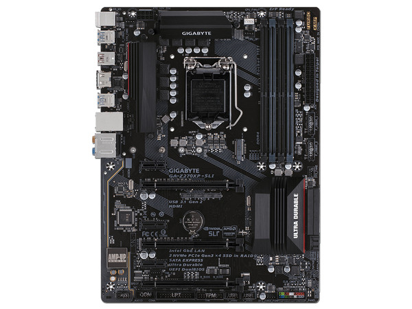 T. Madre Gigabyte GA-Z270XP-SLI, ChipSet Intel Z270, 
Soporta:  Core i7 / i5 / i3 de 6ta y 7ma genaración de Socket 1151,
Memoria: DDR4 3866(O.C.)/  3000(O.C.) / 2133 MHz, 64GB Max,
Integrado: Audio HD, Red, 
ATX, Ptos: 3xPCIEx16, 3xPCIEx1.