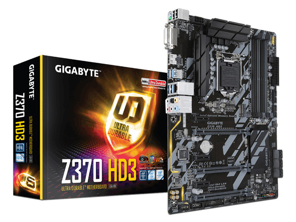 T. Madre Gigabyte Z370 HD3, ChipSet Intel Z370,
Soporta Intel i7 / i5 / i3 de 8va gen, de Socket 1151,
Memoria DDR4 4000(O.C.) / 2666 / 2400 / 2133 MHz, 64GB Max,
Integrado Audio HD, Red, USB 3.0 y SATA 3.0,
ATX, Ptos 1xPCIEx16, 3xPCIEx1.