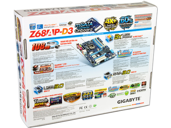T. Madre Gigabyte GA-Z68AP-D3, ChipSet Intel Z68 Exp.,
Soporta: Core i7/i5/i3 de Socket 1155,
USB 3.0 y Serial ATA 3.0, 
Memoria: DDR3 2133/1600/1066MHz, 32GB Max, 
ATX, Ptos: 2xPCIEx16, 3xPCIEx1.