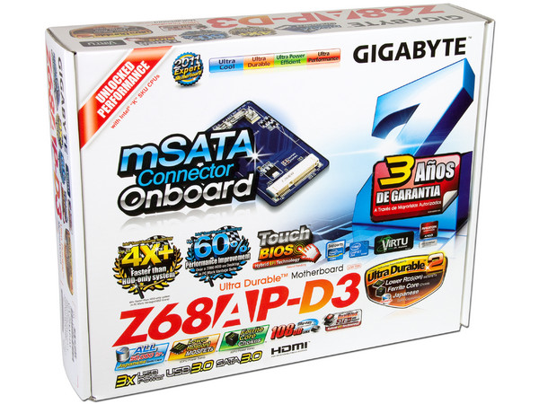 T. Madre Gigabyte GA-Z68AP-D3, ChipSet Intel Z68 Exp.,
Soporta: Core i7/i5/i3 de Socket 1155,
USB 3.0 y Serial ATA 3.0, 
Memoria: DDR3 2133/1600/1066MHz, 32GB Max, 
ATX, Ptos: 2xPCIEx16, 3xPCIEx1.