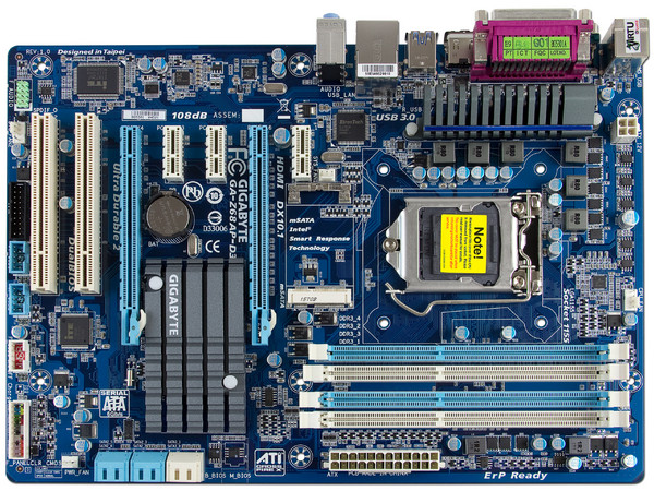 T. Madre Gigabyte GA-Z68AP-D3, ChipSet Intel Z68 Exp.,
Soporta: Core i7/i5/i3 de Socket 1155,
USB 3.0 y Serial ATA 3.0, 
Memoria: DDR3 2133/1600/1066MHz, 32GB Max, 
ATX, Ptos: 2xPCIEx16, 3xPCIEx1.