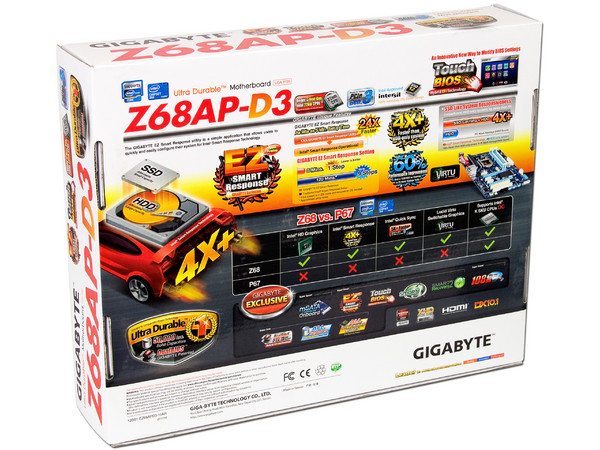 T. Madre Gigabyte GA-Z68AP-D3, ChipSet Intel Z68 Exp.,
Soporta: Core i7/i5/i3/Pentium G/Celeron G de Socket 1155,
USB 3.0 y Serial ATA 3.0, 
Memoria: DDR3 2133/1866/1600/1333/1066 MHz, 32GB Max, 
ATX, Ptos: 2xPCIEx16, 3xPCIEx1.