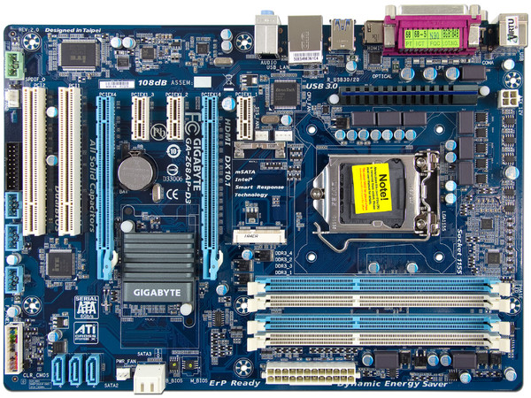 T. Madre Gigabyte GA-Z68AP-D3, ChipSet Intel Z68 Exp.,
Soporta: Core i7/i5/i3/Pentium G/Celeron G de Socket 1155,
USB 3.0 y Serial ATA 3.0, 
Memoria: DDR3 2133/1866/1600/1333/1066 MHz, 32GB Max, 
ATX, Ptos: 2xPCIEx16, 3xPCIEx1.