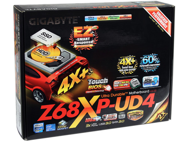 T. Madre Gigabyte GA-Z68XP-UD4, ChipSet Intel Z68 Exp.,
Soporta: Core i7/i5/i3/Pentium G/ Celeron G de Socket 1155, 
USB 3.0 y Serial ATA 3.0, 
Memoria: DDR3 2133/1866/1600/1333/1066 MHz, 32GB Max, 
ATX, Ptos: 2xPCIEx16, 2xPCIEx1, 2xPCI