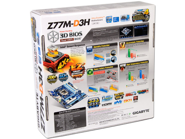 T. Madre Gigabyte Z77M-D3H, ChipSet Intel Z77 Exp.,
Soporta: Core i7/i5/i3 de Socket 1155, 
Memoria: DDR3  2400(OC)/1600/1333/1066 MHz, 32GB Max, 
Integrado: Audio HD, Red,
USB 3.0 y Serial ATA 3.0, 
ATX, Ptos: 1xPCIEX16 3.0, 1xPCIEX16, 1xPCIEX1