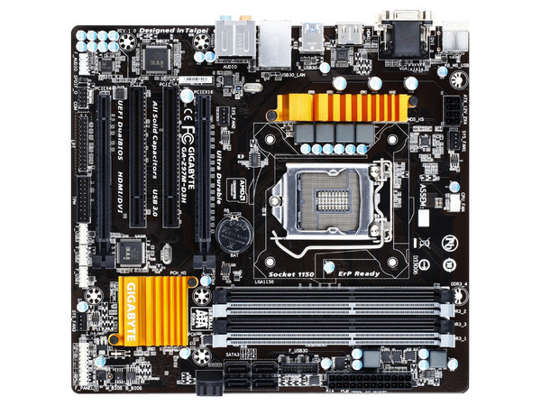 T. Madre Gigabyte GA-Z97M-D3H, ChipSet Z97,
Soporta: Core i7/i5/i3 de Socket 1150,
Memoria: DDR3 3100(O.C.)/1600/1333, 32GB Max,
Integrado: Audio HD, Red,
USB 3.0 y SATA 3.0,
Micro-ATX, Ptos: 2xPCIEx16, 2xPCI