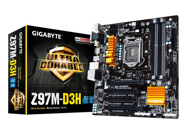 T. Madre Gigabyte GA-Z97M-D3H, ChipSet Z97,
Soporta: Core i7/i5/i3 de Socket 1150,
Memoria: DDR3 3100(O.C.)/1600/1333, 32GB Max,
Integrado: Audio HD, Red,
USB 3.0 y SATA 3.0,
Micro-ATX, Ptos: 2xPCIEx16, 2xPCI