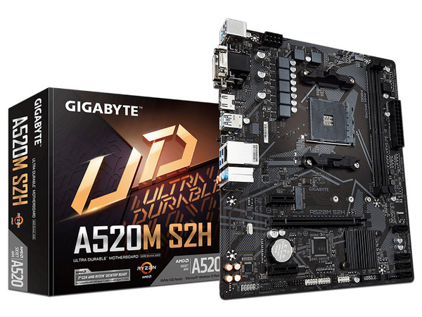 T. Madre Gigabyte A520M S2H (rev. 1.0): 
Chipset AMD A520,
Segmento: Básico,
Soporta: AMD Ryzen 3ra, 4ta y 5ta Generación, Socket AM4,
RAM: DDR4 5000/3600/2133 MHz, 64GB Máx,
Integrado: Audio HD, Red,
SATA 3.0, M.2,
M-ATX, Ptos: 2xPCIEx1, 1xPCIEx16