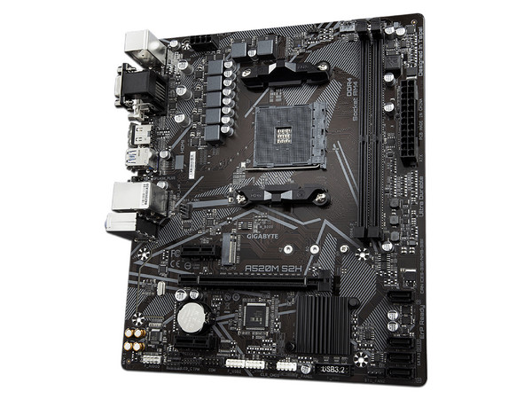 T. Madre Gigabyte A520M S2H (rev. 1.0): 
Chipset AMD A520,
Segmento: Básico,
Soporta: AMD Ryzen 3ra, 4ta y 5ta Generación, Socket AM4,
RAM: DDR4 5000/3600/2133 MHz, 64GB Máx,
Integrado: Audio HD, Red,
SATA 3.0, M.2,
M-ATX, Ptos: 2xPCIEx1, 1xPCIEx16