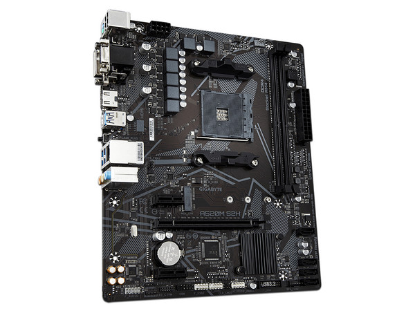 T. Madre Gigabyte A520M S2H (rev. 1.0): 
Chipset AMD A520,
Segmento: Básico,
Soporta: AMD Ryzen 3ra, 4ta y 5ta Generación, Socket AM4,
RAM: DDR4 5000/3600/2133 MHz, 64GB Máx,
Integrado: Audio HD, Red,
SATA 3.0, M.2,
M-ATX, Ptos: 2xPCIEx1, 1xPCIEx16