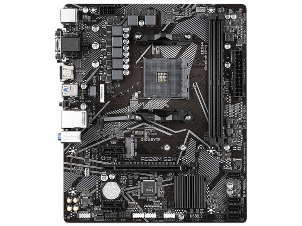 T. Madre Gigabyte A520M S2H (rev. 1.0): 
Chipset AMD A520,
Segmento: Básico,
Soporta: AMD Ryzen 3ra, 4ta y 5ta Generación, Socket AM4,
RAM: DDR4 5000/3600/2133 MHz, 64GB Máx,
Integrado: Audio HD, Red,
SATA 3.0, M.2,
M-ATX, Ptos: 2xPCIEx1, 1xPCIEx16
