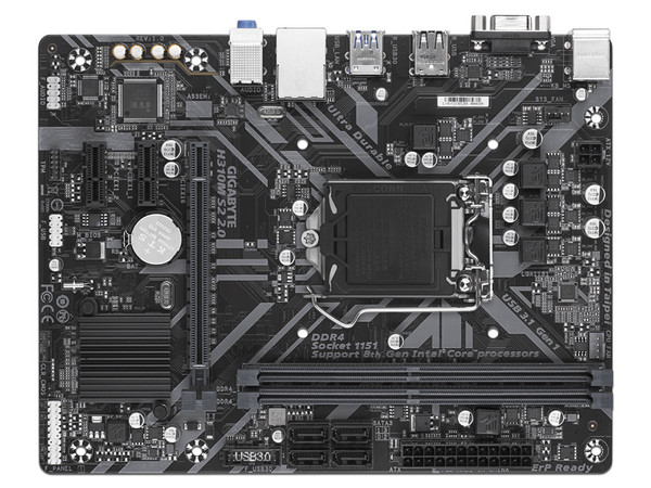 T. Madre Gigabyte H310M S2 2.0, Chipset H310,
Soporta: Core i7 / i5 / i3 de 8va Gen, Socket 1151,
Memoria: DDR4 2666 / 2400 / 2133 MHz, 32 GB Max,
Integrado: Audio HD, Red,
USB 3.1, SATA 3.0,
Micro-ATX, Ptos: 1xPCIE 3.0 x16, 2xPCIE 3.0x1.