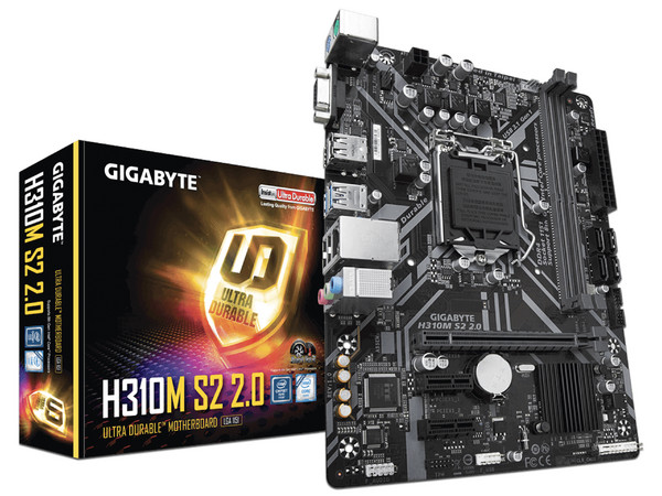 T. Madre Gigabyte H310M S2 2.0, Chipset H310,
Soporta: Core i7 / i5 / i3 de 8va Gen, Socket 1151,
Memoria: DDR4 2666 / 2400 / 2133 MHz, 32 GB Max,
Integrado: Audio HD, Red,
USB 3.1, SATA 3.0,
Micro-ATX, Ptos: 1xPCIE 3.0 x16, 2xPCIE 3.0x1.