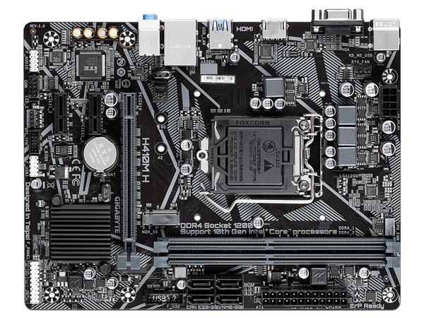 T. Madre Gigabyte H410M H 1.0, Chipset Intel H410, 
Soporta: Core i9 / i7 / i5 / i3 / Pentium / Celeron de 10ma. Gen., Socket 1200, 
Memoria: DDR4 2933 / 2666/ 2400 / 2133 MHz, 64GB Max, 
Red, USB 3.0, SATA 3.0, 
Micro-ATX, Ptos: 1xPCIEx16, 2xPCIEx