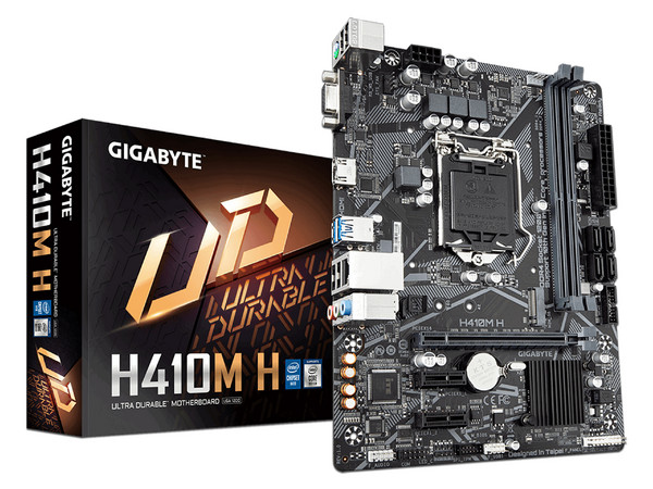 T. Madre Gigabyte H410M H 1.0, Chipset Intel H410, 
Soporta: Core i9 / i7 / i5 / i3 / Pentium / Celeron de 10ma. Gen., Socket 1200, 
Memoria: DDR4 2933 / 2666/ 2400 / 2133 MHz, 64GB Max, 
Red, USB 3.0, SATA 3.0, 
Micro-ATX, Ptos: 1xPCIEx16, 2xPCIEx