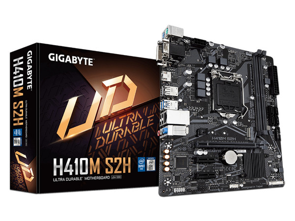 T. Madre GIGABYTE H410M S2H, Chipset Intel H410,
Soporta: Procesador Intel Core 10a Gen/ Pentium/ Celeron, Socket 1200,
Memoria: DDR4 2933/ 2666/ 2133 MHz, 64GB Max,
Integrado: Audio HD, Red, USB 3.2, SATA 3.0,
Micro-ATX, Ptos: 1xPCIEx16, 2xPCIEx1.