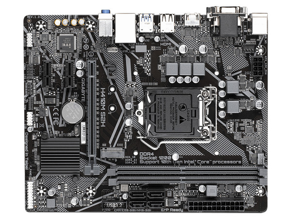 T. Madre GIGABYTE H410M S2H, Chipset Intel H410,
Soporta: Procesador Intel Core 10a Gen/ Pentium/ Celeron, Socket 1200,
Memoria: DDR4 2933/ 2666/ 2133 MHz, 64GB Max,
Integrado: Audio HD, Red, USB 3.2, SATA 3.0,
Micro-ATX, Ptos: 1xPCIEx16, 2xPCIEx1.