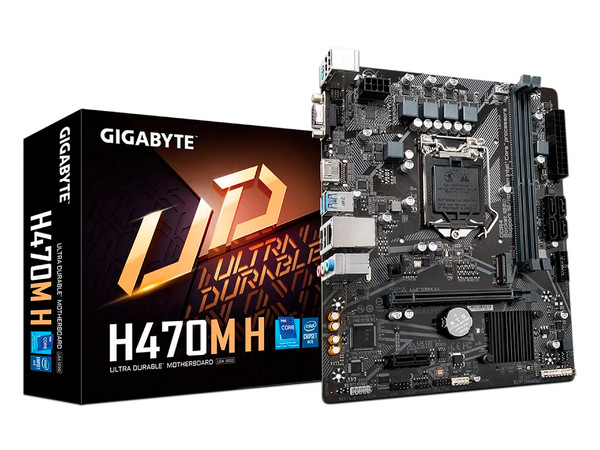 T. Madre GIGABYTE H470M H: 
Chipset Intel H470, Soporta: Procesadores Intel de 11va Generación de Socket 1200, 
Memoria DDR4 2933/2666/2133 MHz, 64GB Máx, 
Integrado: Audio HD, Red y SATA 3.0, 
MicroATX Ptos: 1xPCIEx16, 1XPCIEx1.