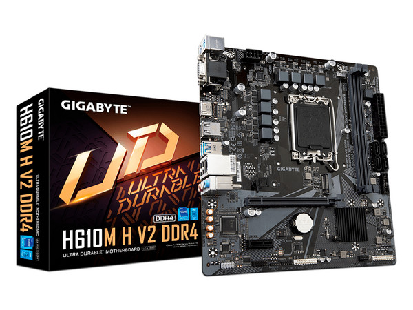 T. Madre GIGABYTE H610M H V2 DDR4: 
Chipset Intel H610, Soporta: Intel 13va Generación de Socket 1700, 
Memoria: DDR4 3200 / 2933 / 2133 MHz, 64GB Max, 
Integrado: AudioHD, Red, USB 3.2 y SATA 3.0, M.2, 
Micro-ATX, Ptos: 1xPCIEx16, 1xPCIEx1.