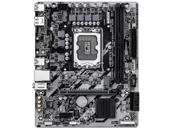 T. Madre Gigabyte H810M K: 
Chipset Intel H810, 
Segmento: Básico, 
Socket 1851, 
Soporta: Procesadores Intel Ultra (Series 2), 
Memoria: DDR5 6400MHz, 128GB Max, 
Integrado: AudioHD, Red, USB, M.2, 
Micro-ATX, Ptos: 1xPCIE4.0x16, 1xPCIE3.0x1.