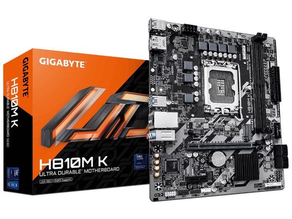 T. Madre Gigabyte H810M K: 
Chipset Intel H810, 
Segmento: Básico, 
Socket 1851, 
Soporta: Procesadores Intel Ultra (Series 2), 
Memoria: DDR5 6400MHz, 128GB Max, 
Integrado: AudioHD, Red, USB, M.2, 
Micro-ATX, Ptos: 1xPCIE4.0x16, 1xPCIE3.0x1.
