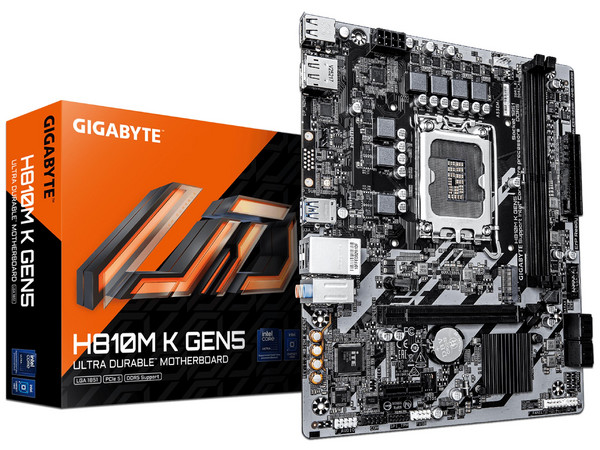 T. Madre Gigabyte H810M K GEN5: 
Chipset Intel H810, 
Segmento: Básico, Socket 1851, 
Soporta: Procesadores Intel Ultra, 
Memoria: DDR5 6400MHz, 128GB Max, 
Integrado: AudioHD, Red, USB, M.2, 
Micro-ATX, Ptos: 1xPCIE5.0x16, 1xPCIE3.0x1.