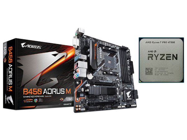 T. Madre Gigabyte B450 AORUS M, ChipSet AMD B450,
Soporta: AMD Ryzen 2nda Generación,
Memoria: DDR4 3200(O.C.) / 2400 / 2133 MHz, 64GB Max,
Integrado: Audio HD, Red, USB 3.0 y SATA 3.0,
Micro-ATX, Ptos: 1xPCIEx16, 3xPCIEx1. Incluye Ryzen 7 4750G