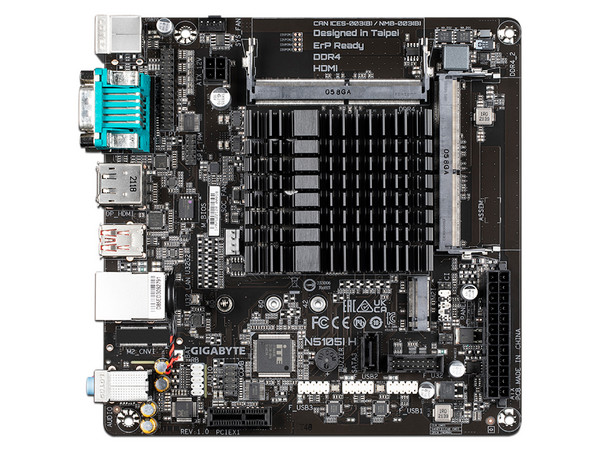 T. Madre GIGABYTE N5105I H, 
Procesador Integrado Intel Celeron N5105 (hasta 2.9 GHz),
Memoria: DDR4 2933/2666/2133 MHz, 16GB Máx,
Integrado: Audio HD, Red, USB 3.2, SATA 3, M.2,
Mini-ITX, Ptos: 1xPCIE3.0x1
