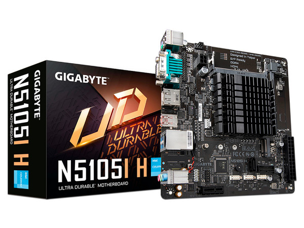 T. Madre GIGABYTE N5105I H, 
Procesador Integrado Intel Celeron N5105 (hasta 2.9 GHz),
Memoria: DDR4 2933/2666/2133 MHz, 16GB Máx,
Integrado: Audio HD, Red, USB 3.2, SATA 3, M.2,
Mini-ITX, Ptos: 1xPCIE3.0x1