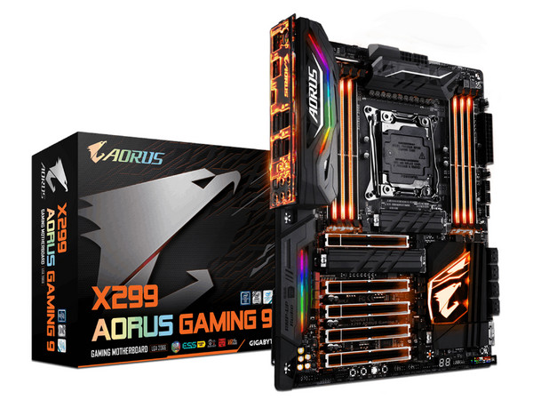 T. Madre Gigabyte X299 AORUS Gaming 9, ChipSet Intel X299,
Soporta: Procesadores Intel Core X-Series de Socket 2066,
Memoria: DDR4 4400(O.C.)/3600(O.C.)/2133 MHz, 64GB Max,
SATA 3.0, USB 3.0,
Integrado: Audio HD, Red Gigabit,
Ptos: 2xPCIEx16,
ATX