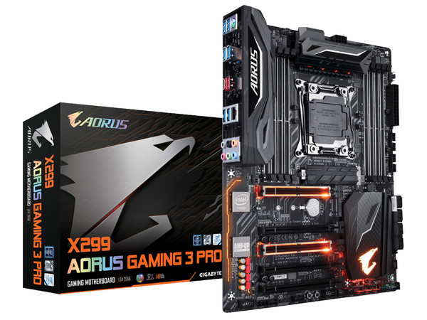 T. Madre Gigabyte X299 AORUS Gaming 3 PRO, ChipSet Intel X299,
Soporta: Procesadores Intel Core X-Series de Socket 2066,
Memoria: DDR4 4400(O.C.)/3600(O.C.)/2133 MHz, 128GB Max,
SATA 3.0, USB 3.0,
ATX, Ptos. 5 x Pciex16.
