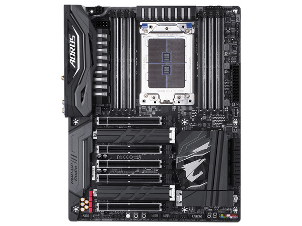 T. Madre Gigabyte X399 AORUS Gaming 7, ChipSet AMD X399,
Soporta: Procesadores AMD Ryzen de Socket TR4,
Memoria: DDR4 3600(O.C.)/2400/2133 MHz, 128 GB Max,
SATA 3.0, USB 3.0,
Integrado: Audio HD, Red Gigabit,
Ptos: 2xPCIEx16, 2xPCIEx8,
ATX