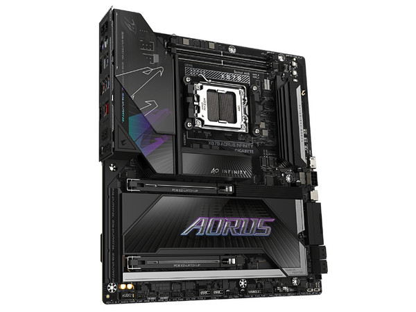 T. Madre Gigabyte X870 Aorus Infinity,
Chipset X870, Segmento: Alto,
Soporta: Procesadores AMD Ryzen 9000/8000/7000, Socket AM5,
Memoria: DDR5 9000 MHz, Hasta 256GB,
Integrado: Wi-Fi, Audio, HDMI, M.2,
E-ATX, Ptos: 1 x PCIEx16 5.0.